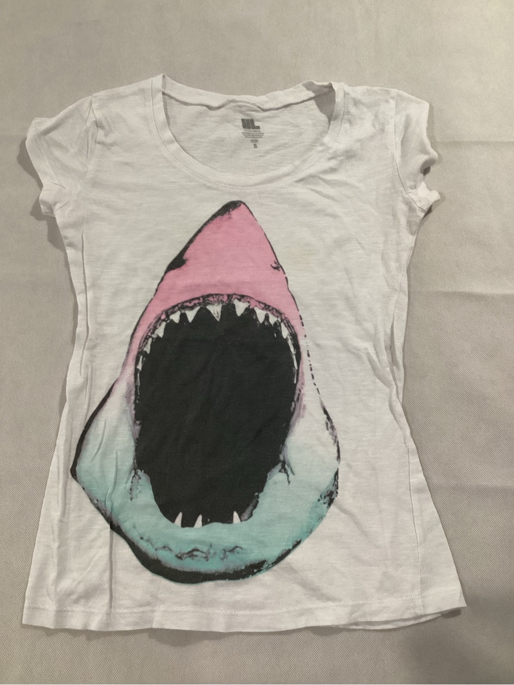 White Graphic Shark Tee with Pink & Teal Accent size small 6/1